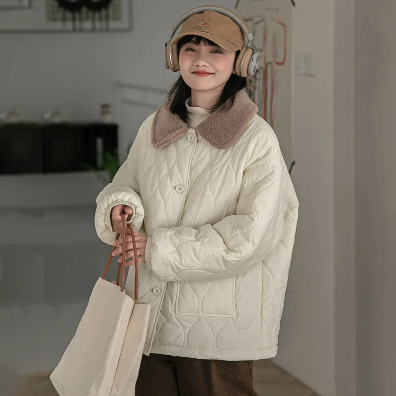 Lamb's Wool Collar Down Cotton Jacket Female Design Sense of Winter New Japanese Loose Casual Warm Cotton Coat Jacket
