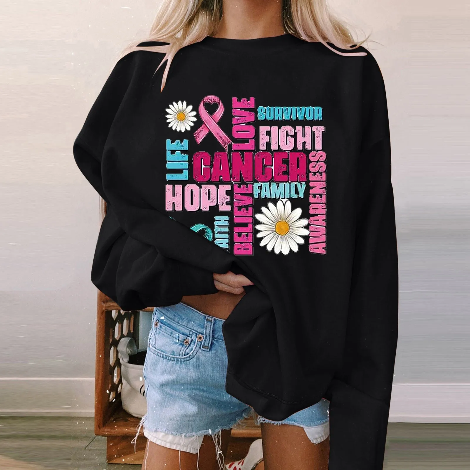 

Женский свитшот с длинным рукавом и принтом хризантемы, свитшот с круглым вырезом, вдохновляющий рак груди, винтажный джемпер для бега в стиле преппи