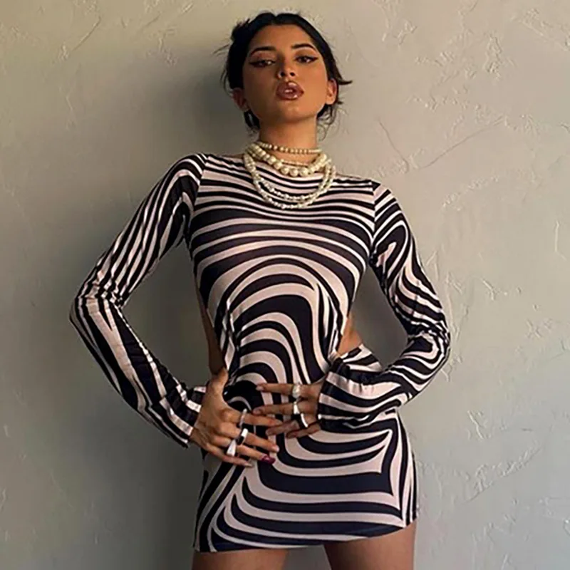 

Women Zebra Striped Print Mesh See Through Bodycon Midi Dress Autumn Long Sleeve2021 Autumn Clothes Wholesale Items eam dress