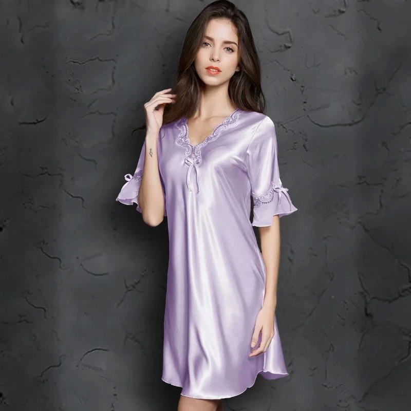 Женское однотонное Ночное платье с V-образным вырезом и коротким рукавом