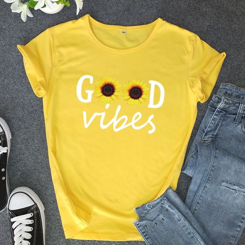 GOOD VIBES Letter Sunflower Print T Shirt Women Short Sleeve O Neck Loose Tshirt Summer Women Tee Shirt Tops Camisetas Mujer images - 6