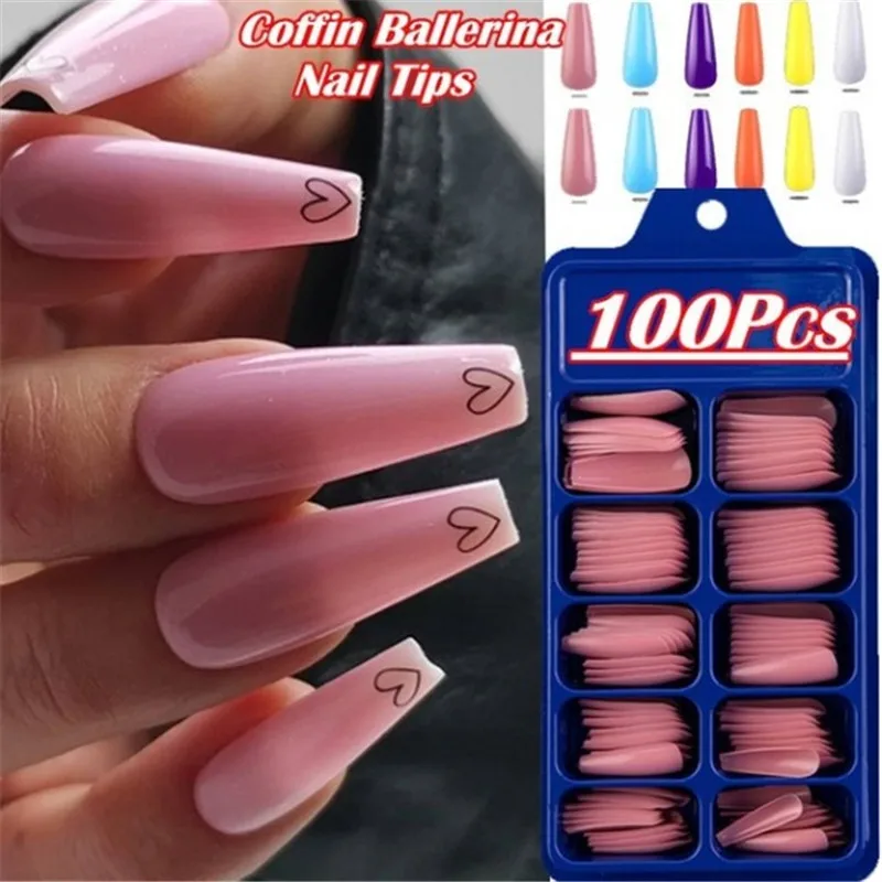 

100 Pcs/Box Candy Colors Manicure Nail Art DIY Acrylic Long Full Cover Stiletto Coffin Ballerina Nail Tips