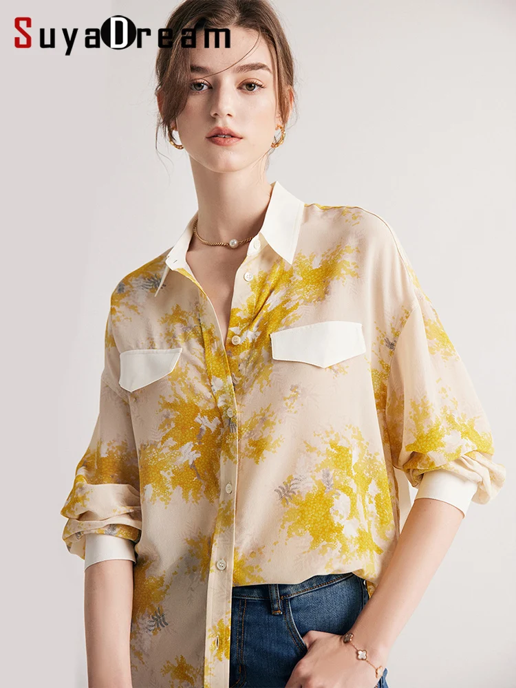 SuyaDream Women Printed Shirts 100%Pure Silk Single Drop Sleeves Chic Blouses 2023 Spring Summer Silk Top