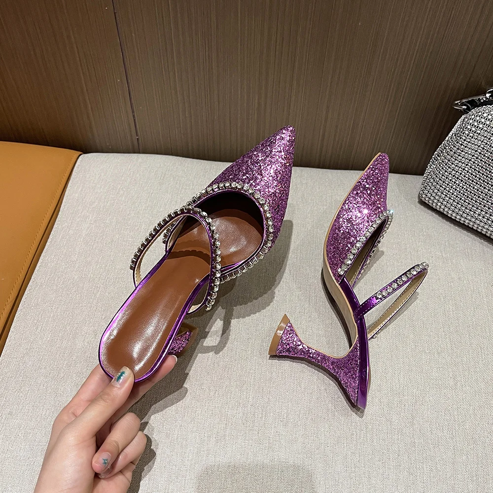 Spring and Summer New Pointed-toe Rhinestone Sequins Stiletto High-heeled Slippers Baotou Semi-trailed High-heeled Sandals Women