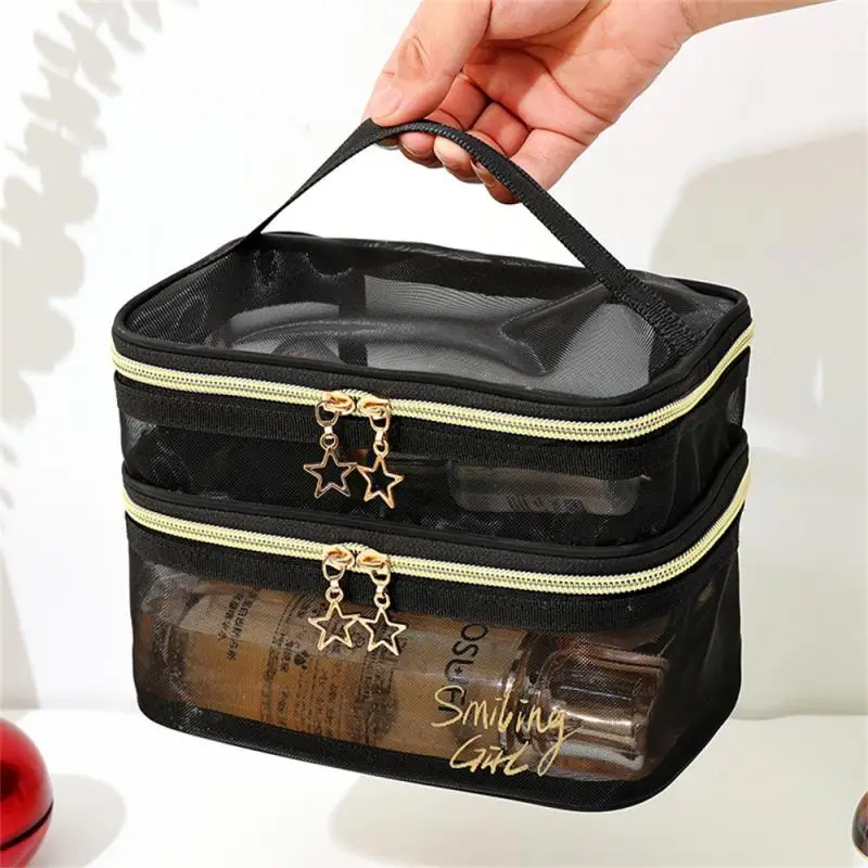 

Double-layer Storage For Offices Travel Storage Bags Multipurpose Black Mesh Zipper Pouch High-capacity Transparent