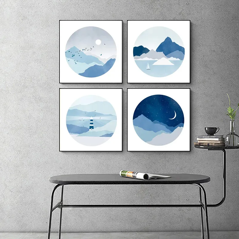 

Abstract Nautical Canvas Painting Navy Blue and Gray Poster Wall Art Prints for Living Room Decoration Nursery Bedroom Decor