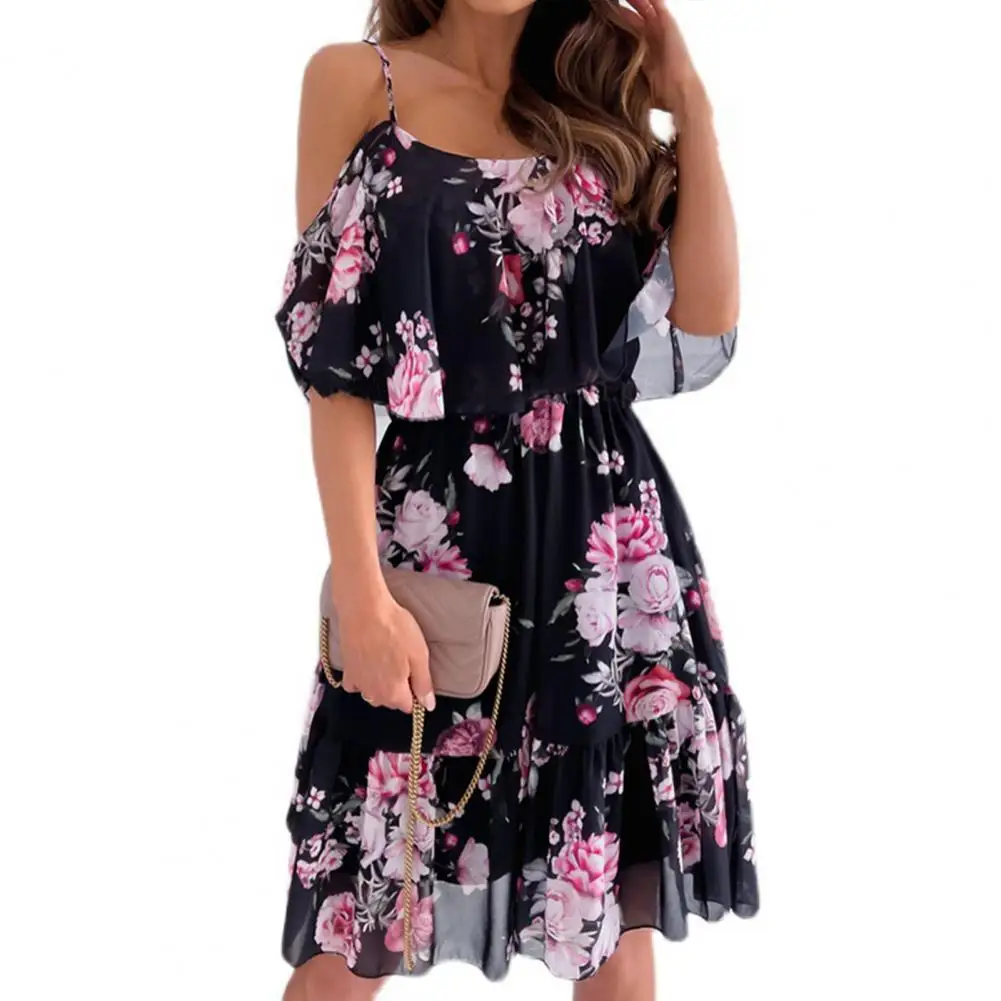 

Summer Women Dress Ruffle Spaghetti Strap Patchwork Off Shoulder Short Sleeve Lady Sling Dress for Women 2022 Beach Wear