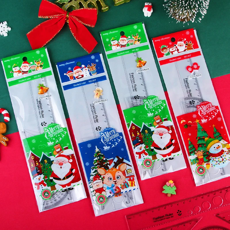 

4pcs Cartoon Christmas Straightedge Ruler Triangle Board Christmas Gifts For Kids Kawaii School Stationery Supplies For Students