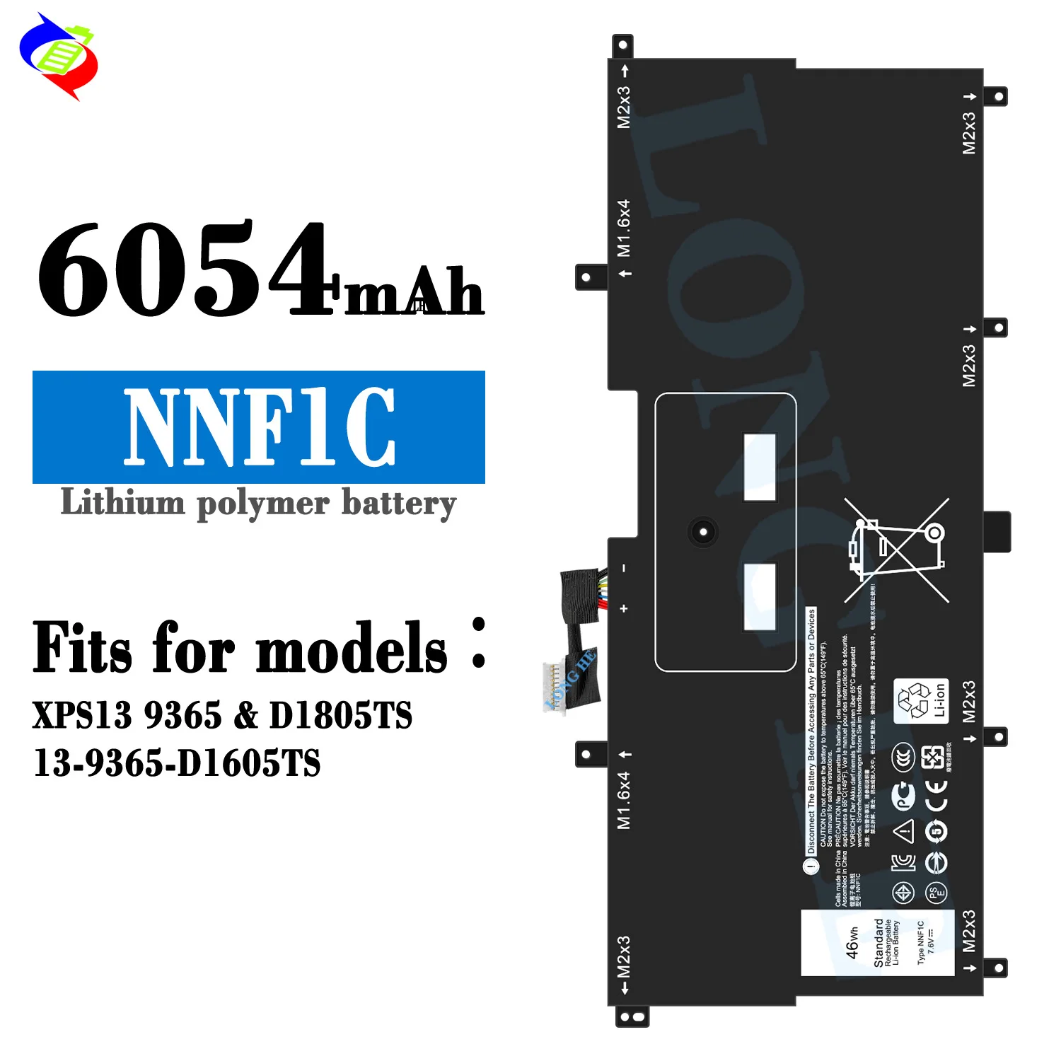 Фото Аккумулятор для ноутбука NNF1C 46Wh 7.6V для Dell XPS 13 9365 2-в-1 D1605TS D1805TS, замена батареи 0NNF1C №1