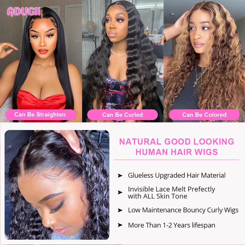 ADUGII Deep Wave Frontal Wig Lace Front Human Hair Wigs Water Kinky Curly Transparent Wig For Women 28 30 Inch Lace Closure Wig enlarge