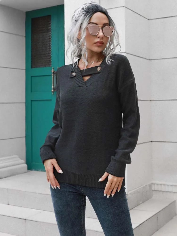 

2022 Autumn V Neck Knitted Sweater Women Pullover Long Sleeve Black Sweater Jumper for Women Knitwear