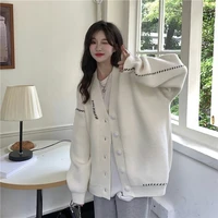 womens v neck loose casual slimming top coat long sleeves 2022 autumn and winter new college style sweet sweater cardigan