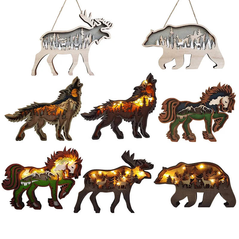 

Animal Carving Handcraft Wall Hanging Sculpture 3D Wolf Horse Bear Deer Hand Painted Decorations for Home Living Room Decor