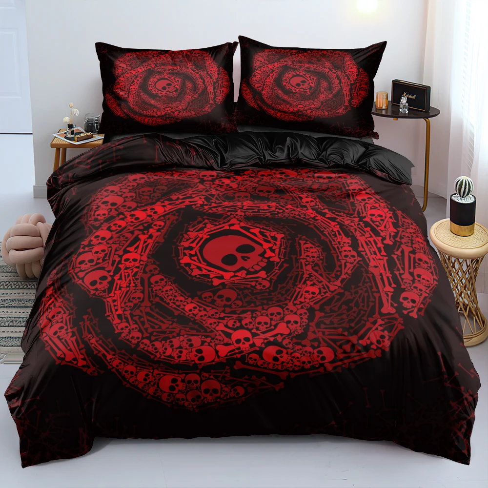 

Bed Linen Set Skull Black Quilt Cover Dark Red Skeleton Rose Duvet Cover Sets 220x240cm Comforter Case Double Size Bedding Set
