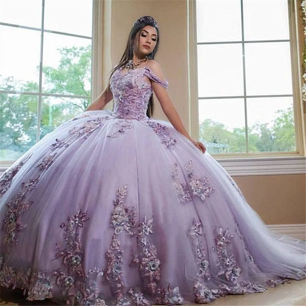 

2022 сексуальные платья для Quinceanera с открытыми плечами, платье принцессы сиреневого цвета, бальное платье с аппликацией, кружевной длинный ко...