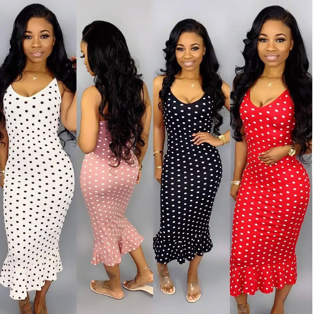 

HM6082 Women's Dress Summer New Sexy Streetwear Fashion Sling Polka Dot Print Ruffle Midi Dress Women