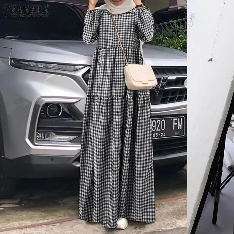 

Women Casual Long Sleeve Checked Printed Sundress ZANZEA Elegant Grid Muslim Maxi Dress 2022 Fashion Dubai Turkey Kaftan Abaya