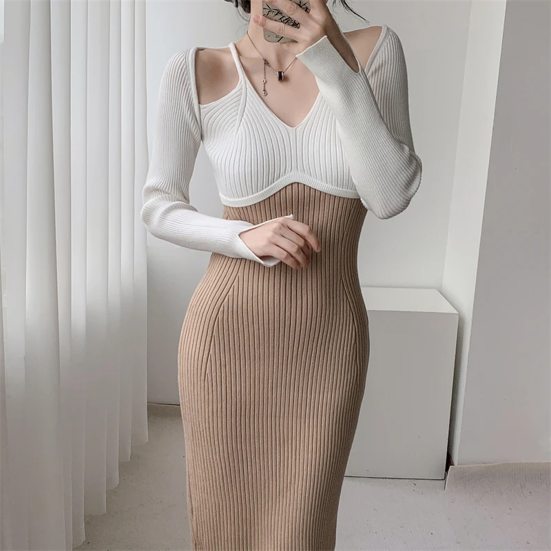 

Sexy Dress Ladies Party Fashion Off Shoulder Contrast stitching Sheath Knitted Dresses Womens Elegant Sweater Dress 2023 New