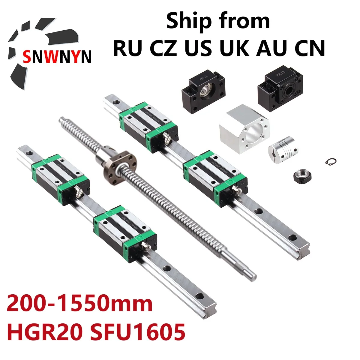 

2PC HGR20 Linear Square Rail+4PC HGH20CA Slides Carriage+1PC SFU1605 Ball Screw+BK/BF12 End Support+Coupling+Nut Housing CNC Set
