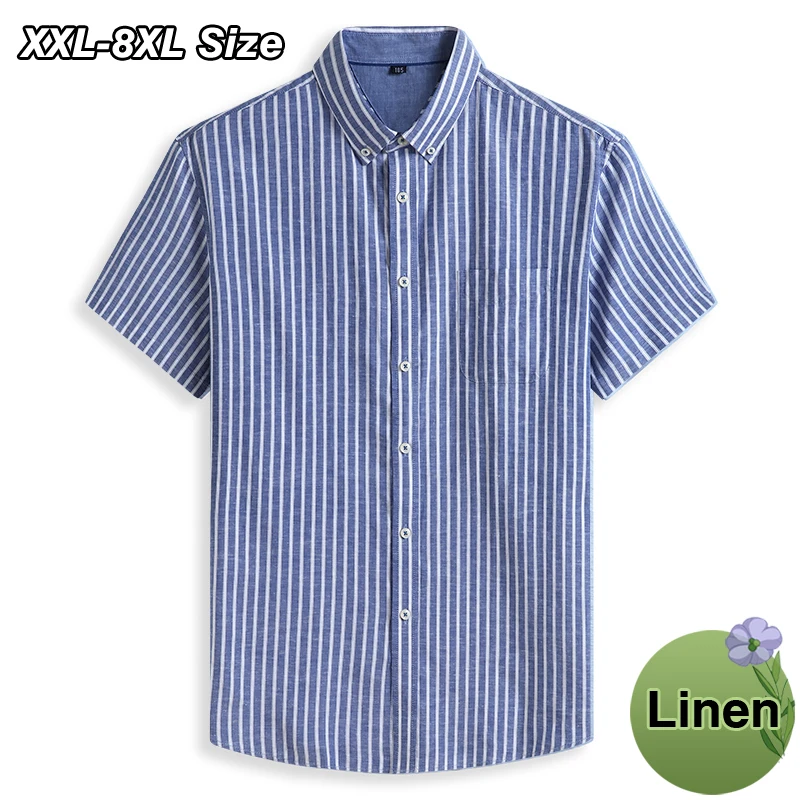 Summer Men's Cotton Linen Short Sleeve Shirt Plus Size 6XL 7XL 8XL Fashion Stripe Business Casual Loose Top Dress Brand Clothing