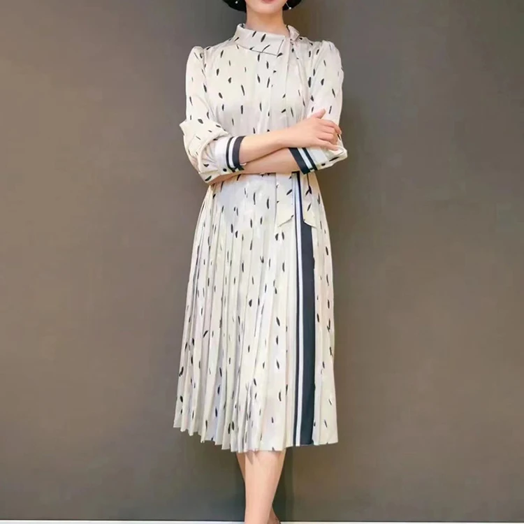 

Size XXL Plus Size Lace Up Bow Office Lady Dress Full Sleeves Elegant Belt Sashes Formal Pleated Draped Long Dresses