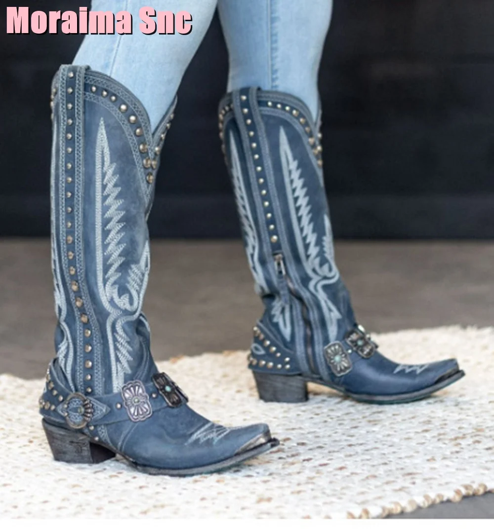 Pointed Toe Belt Buckle Rivet Cowboy Boots Vintage Style Embroidery Women Long Boots Block Heel Side Zipper Black Solid Fashion