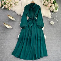 French Gentle Fairy Puff Long Sleeves High Waist Tie A Line Swing Maxi Dress Elegant Midi Green Streetwear Boho Vintage Robe
