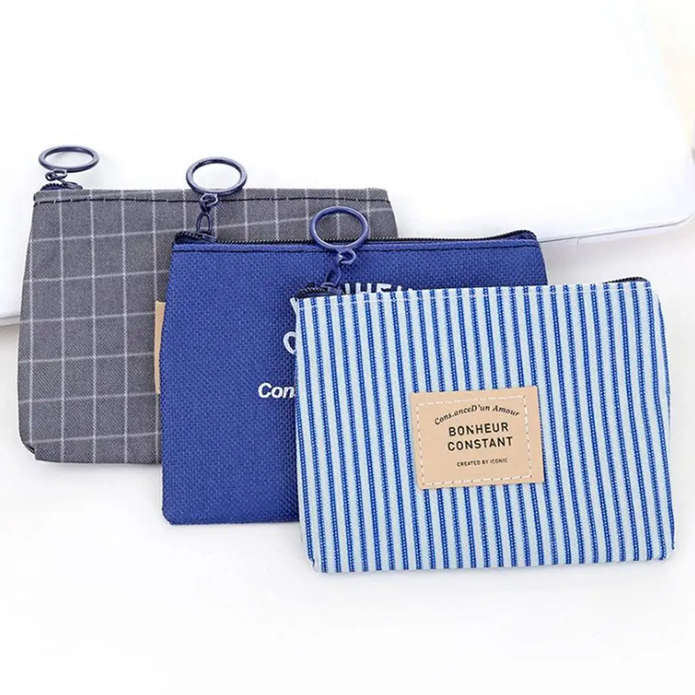 Unisex Canvas Stripe Coin Bag Purse Women Coin Money Card Holder Wallet Case Zipper Key Storage Pouch For Kid Girl Gift
