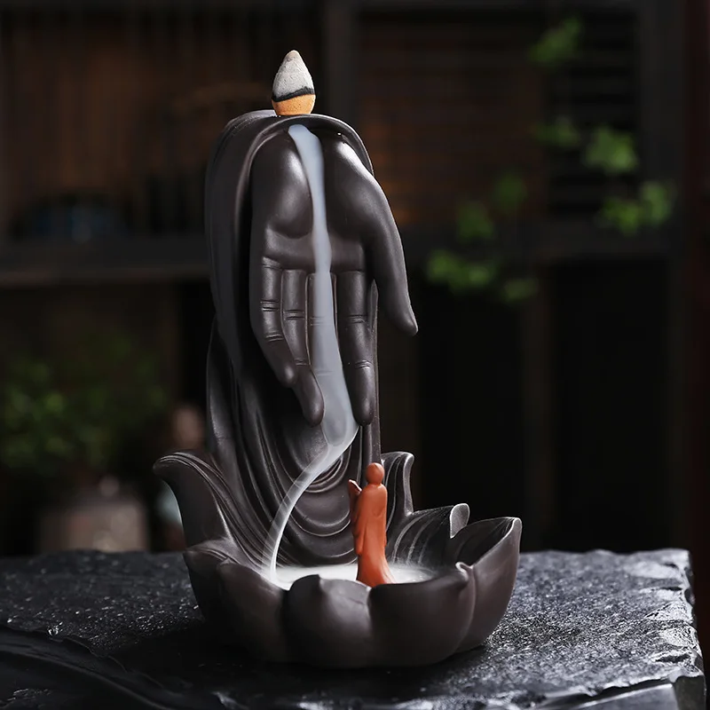 

Creative Buddha Hand Zen Incense Stick Holder Home Decor Ornaments Waterfall Backflow Incense Burner Purple Clay Incense Censer