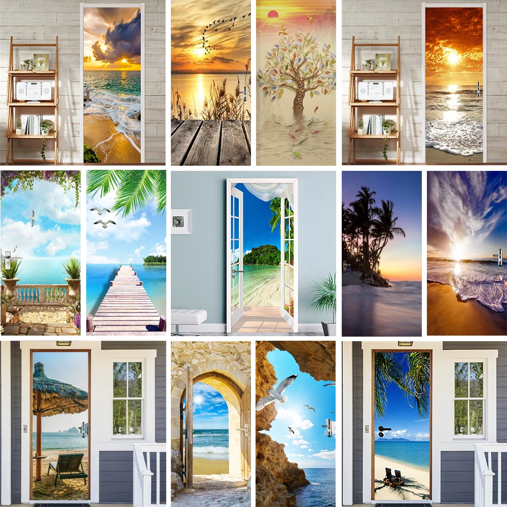 

3D Door Sticker Wallpaper Self-adhesive Seaside Landscape Beach Door Decal Mural for Bedroom Bathroom Vinyl Poster Home Decor