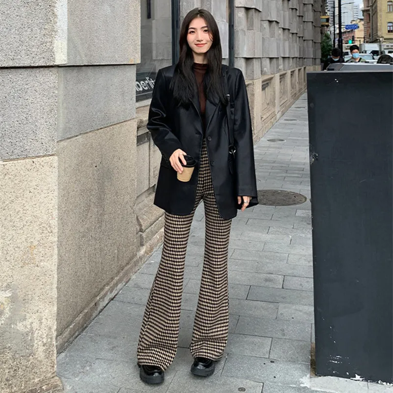 

Women Vintage Black Basic Faux Leather Blazer Jacket Fashion Tops Femme Long Sleeve PU Outwear Lady Suit Cool Veste Biker Coat
