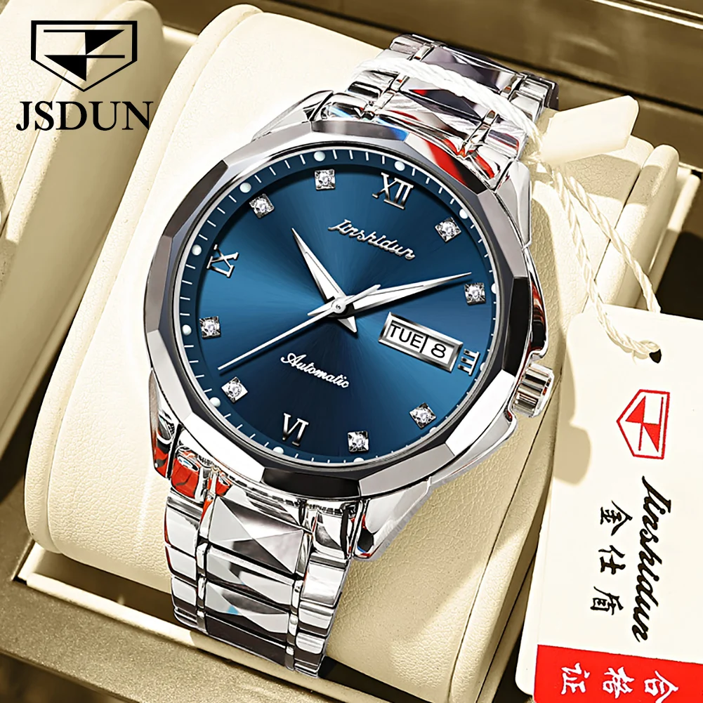 

JSDUN Automatic Watch For Men Japan Mechanical Movement Tungsten Steel Strap Sapphire Mirror Diamond Waterproof Male Wristwatch