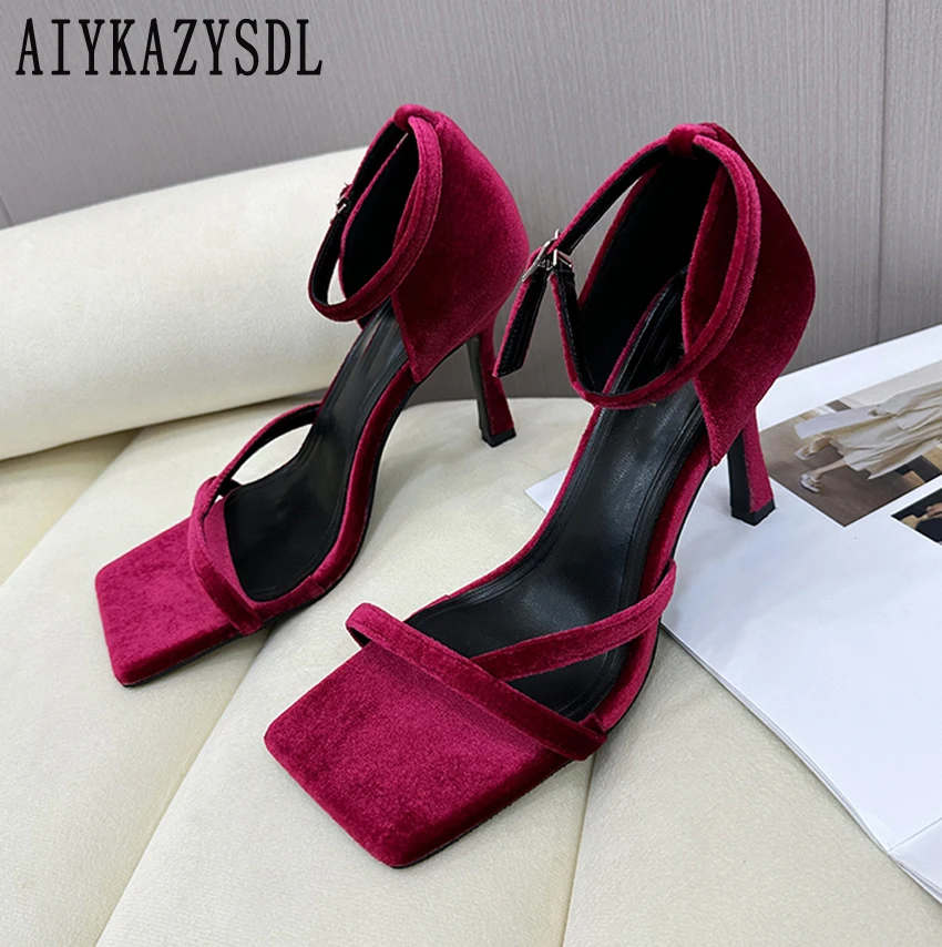 AIYKAZYSDL 2023 Square Toe Velvet Ankle Strap Sandals Women Prom Dress Party Clubwear Shoes Med Heel Sandals Pumps Burgundy