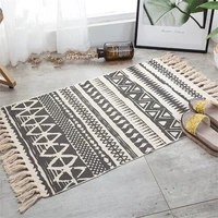 bohemian woven carpet hand made cotton linen rugs modern bedside small mat geometric printing knotted tassel home room decor