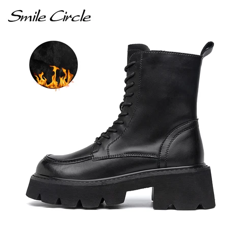 Smile Circle/женские ботильоны; Кожаные ботинки на платформе с квадратным каблуком; Черные ботинки на шнуровке с круглым носком; Женская зимняя обувь