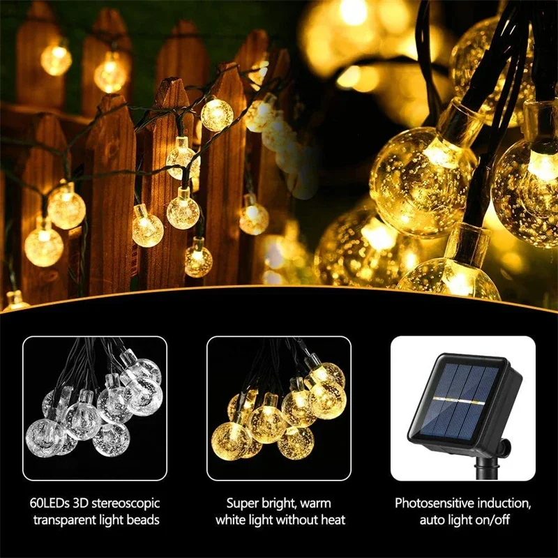 Outdoor Solar String Light  LED 8 Modes Bubble Crystal Ball Light    Waterproof Powered Twinkle Decor Lamp for Party Patio Decor