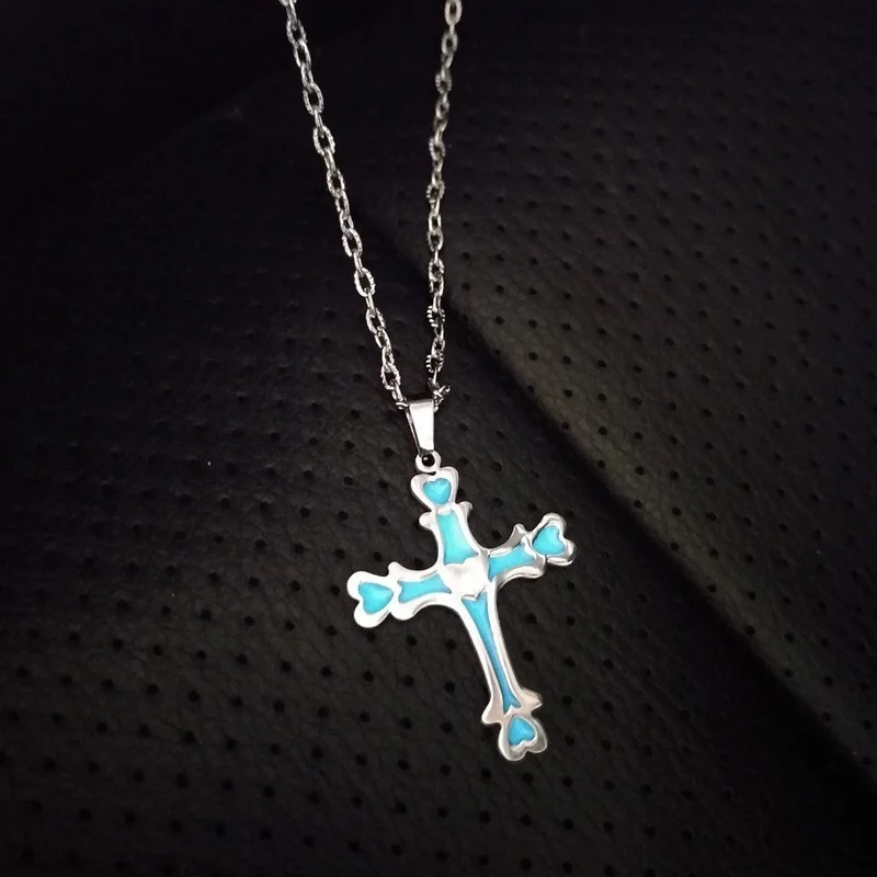 

2020 luminous titanium steel luminous luminous necklace neutral Catholic Religious Jewelry INRI cross prayer