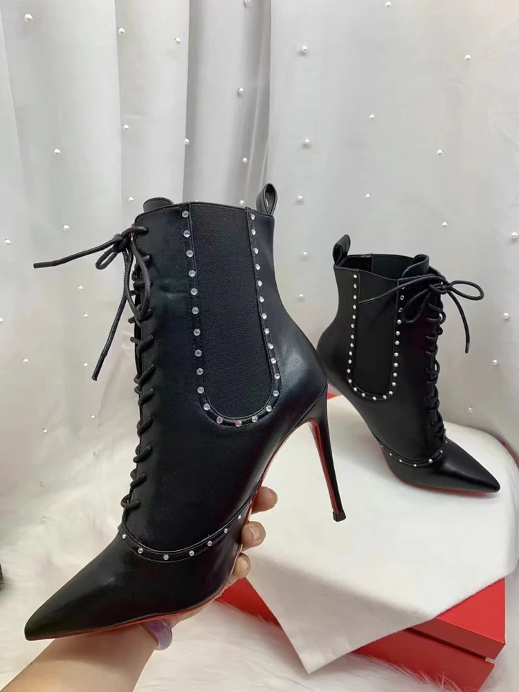 

Rhinestone ankle boots Black Thin High Heels For Women Genuine Leather Retro Lace Up Sexy Ladies Shoes Pointed Toe winter boots
