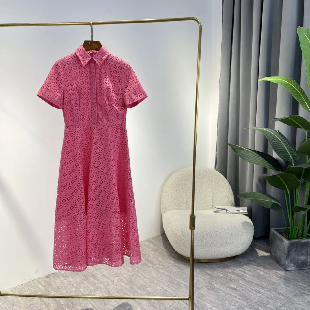

Flower Hollow Out Embroidery Design Midi Dresses 2022 New Summer Ladies Elegant Top Quality Cotton Solid Rose Red Clothing
