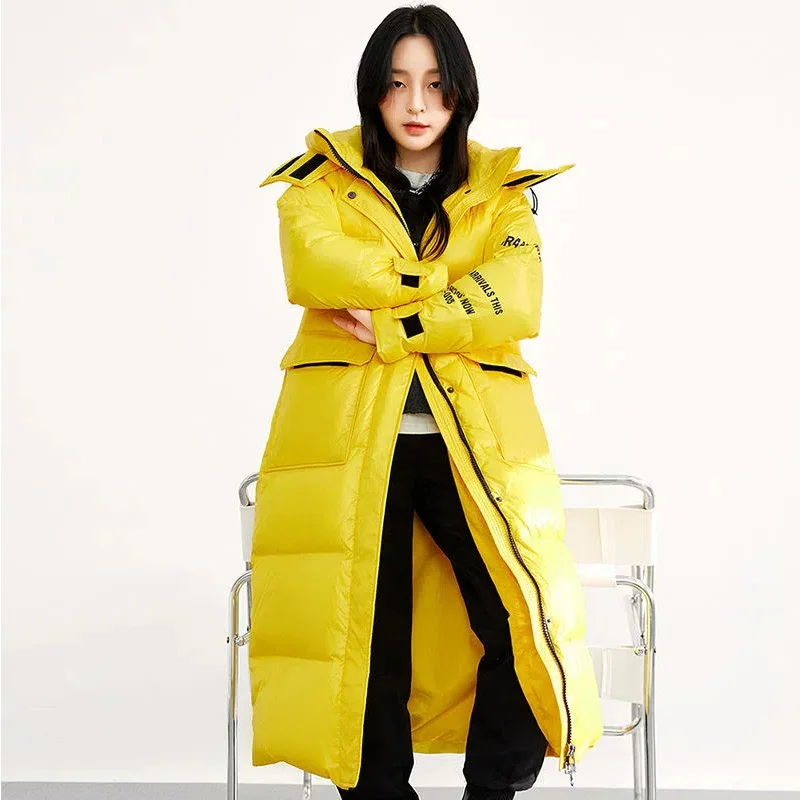 High-End Down Jacket Women Winter 2022 Detachable Cap Long Over Knee Parkas Thickened Warm Glossy 90 White Duck Down Coat Female