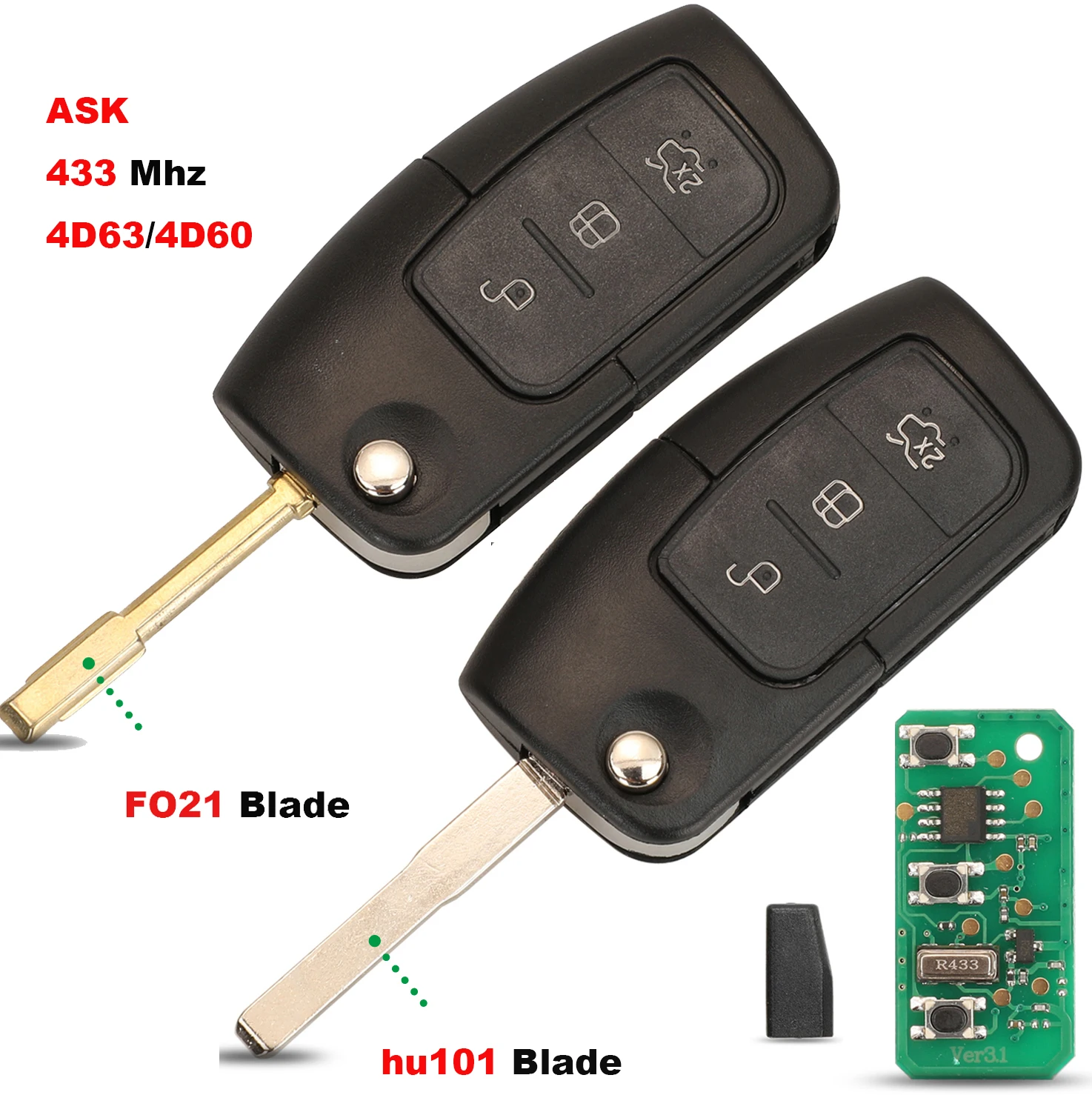 

ASK 433 Mhz Key Remote Case Cover For Ford Fiesta Focus 2 Ecosport Kuga Escape C Max Ka Fob HU101 / FO21
