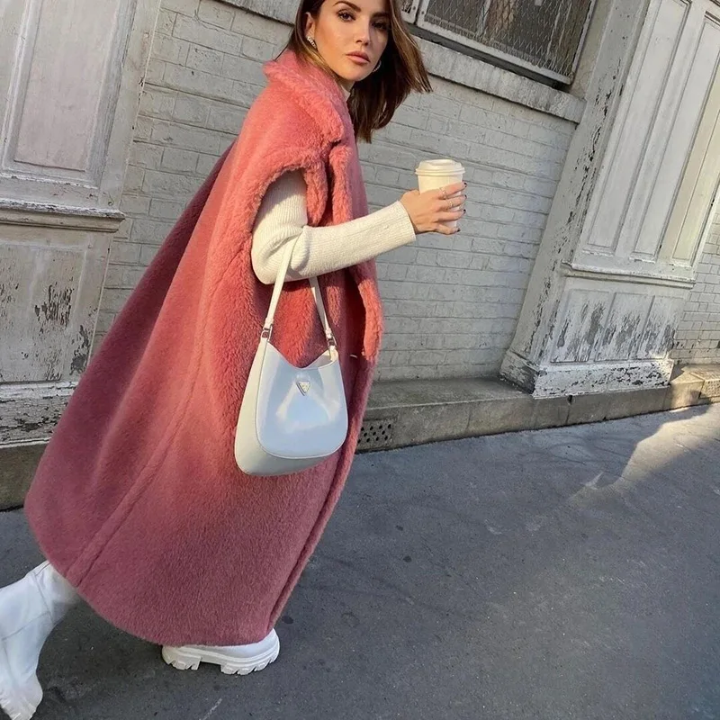Winter Fur Coat Real Wool Alpaca Teddy Bear Vest Women Thick Turn Down Collar Jacket Outerwear Lady Streetwear S3578A
