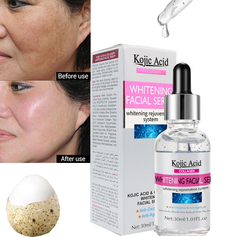 

Whitening Facial Serum Kojic Acid Essence Fade Freckle Sun Spot Melasma Brightening Skin Tone Soothing Face Stock Solution 30ml