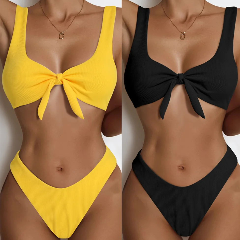 

2022 European And American Triangular Split Swimsuit Pit Strip Cloth Chest Bow Bikini Swimsuit