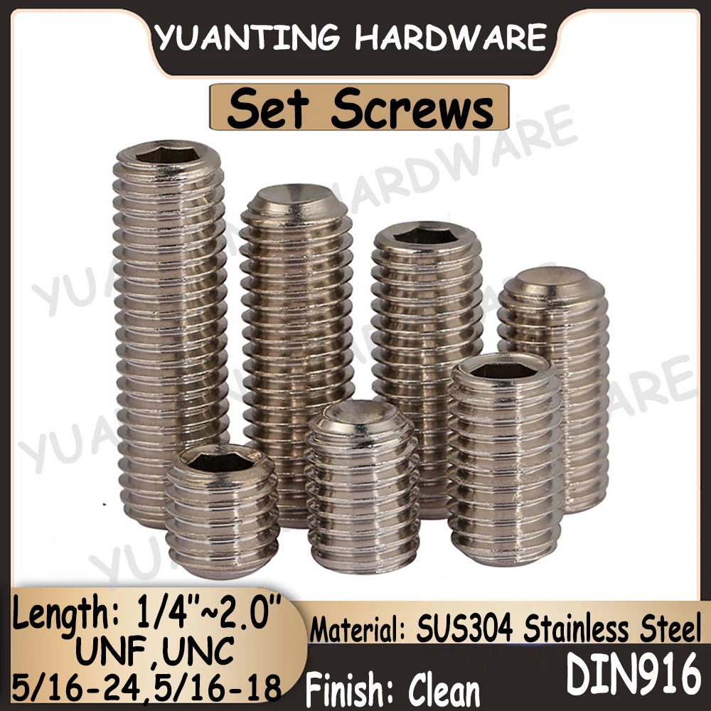 

5Pcs 5/16-18(UNC) 5/16-24(UNF) DIN916 SUS304 Stainless Steel Hexagon Socket Set Screws with Cup Point Headless Screws