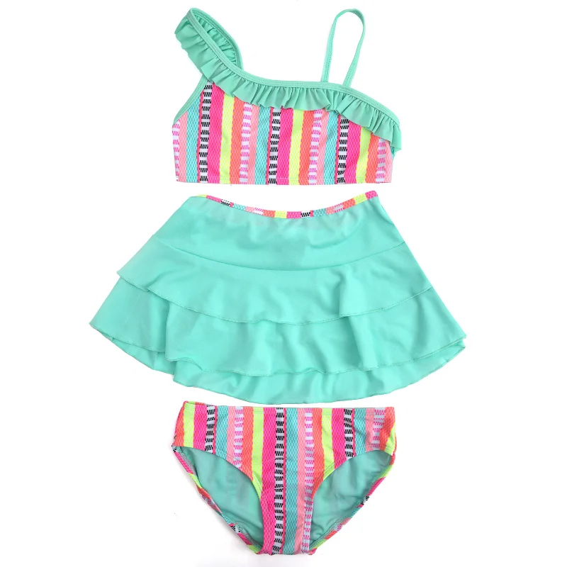 

New Girls' Three Piece Split Swimwear Fashion Bikini Pleated Beach Skirt Swimwear Set