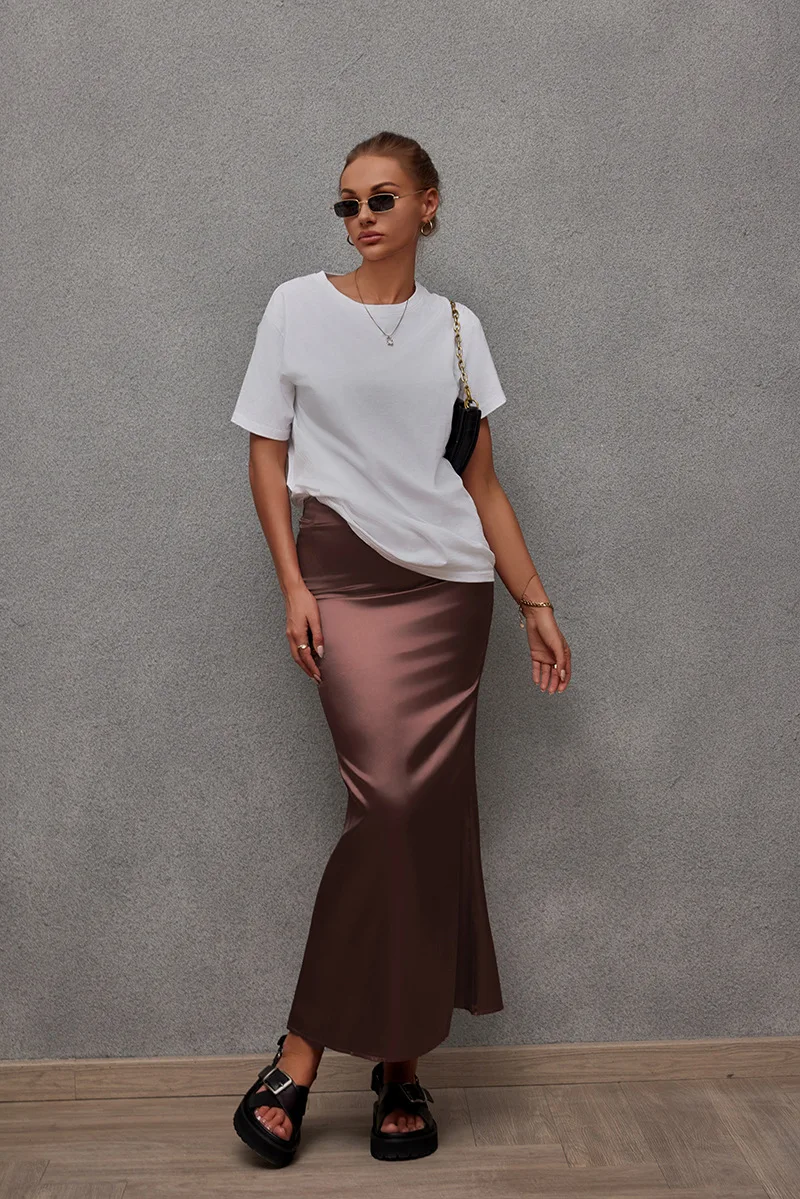 Шелковые атласные юбки для женщин 2024 Летние повседневные стильные однотонные