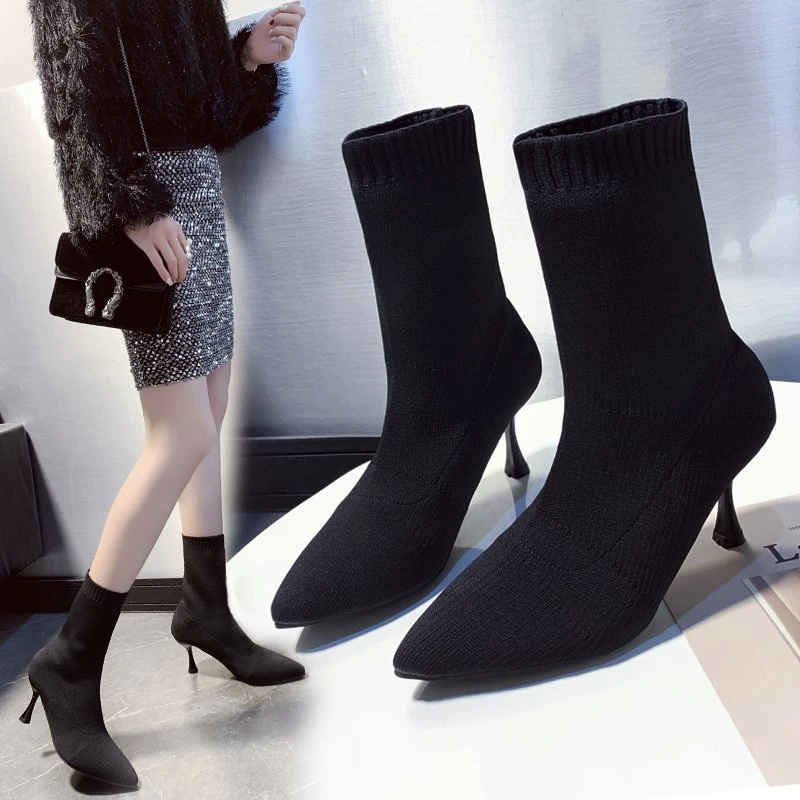 

2023 new high sense ankle boots pointed thin heel high heel boots women's elastic skinny boots short tube small heel