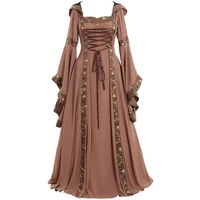 mandylandy medieval retro dress women square collar hooded maxi dress square collar lace up bell sleeve swing dress vestidos