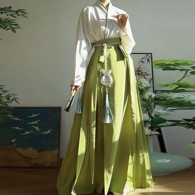 

2pcs Sets Hanfu Horse Face Skirt Women Student Daily Chinese Summer Green Black Dress Vintage Hanfu Shirt+Skirt Sets Plus Size